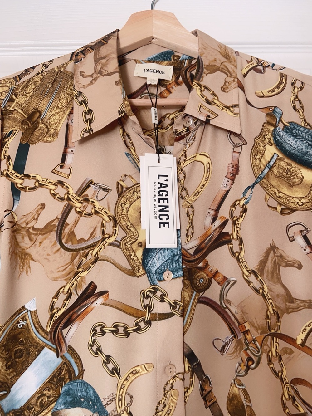 NWT L'AGENCE Nina Silk Blouse in Dark Cappuccino Multi Equestrian Saddle - Picture 6 of 8
